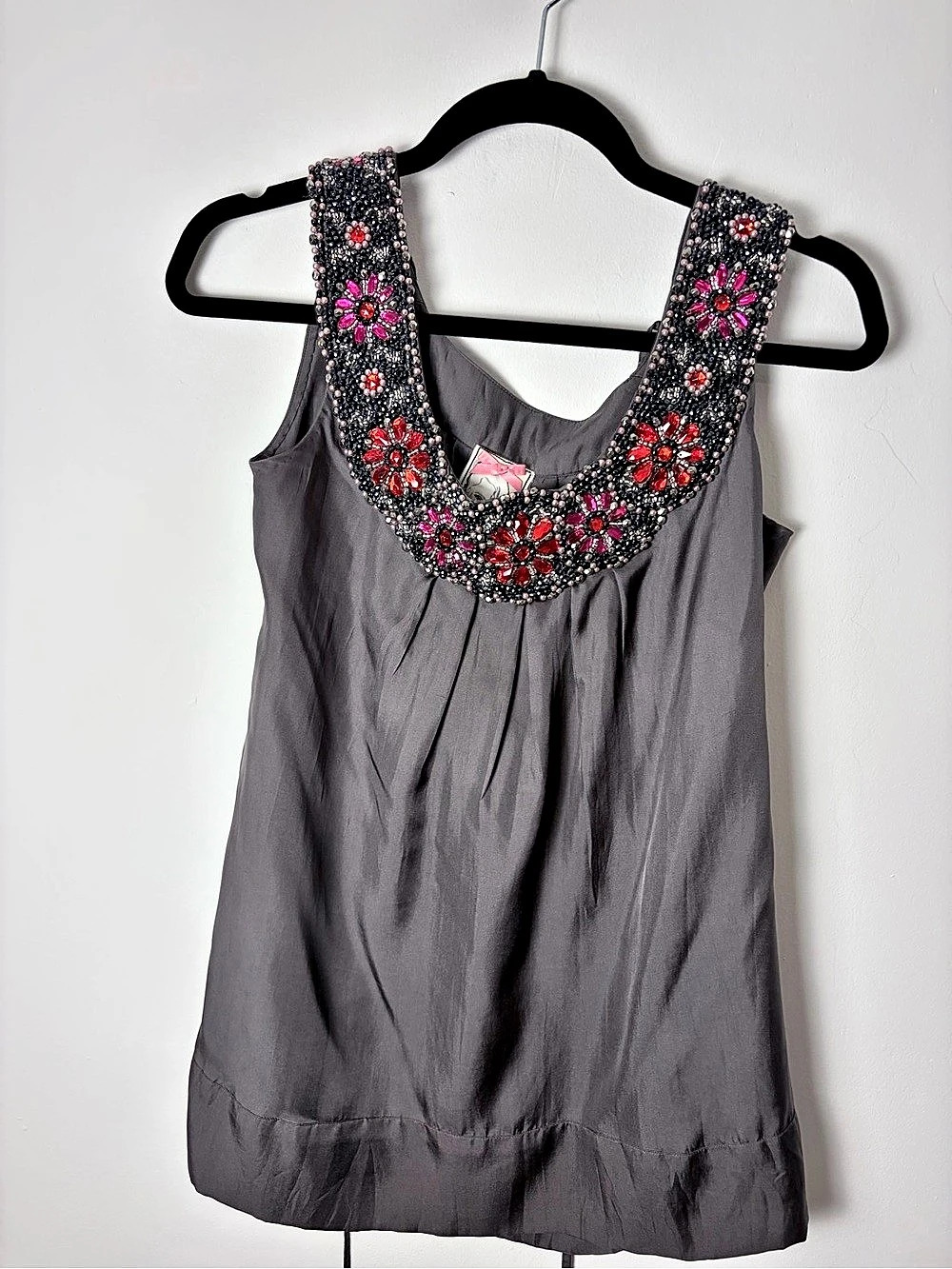 Yoana Baraschi Gray Silk Floral Beaded Jeweled Neckline Tank Top XS